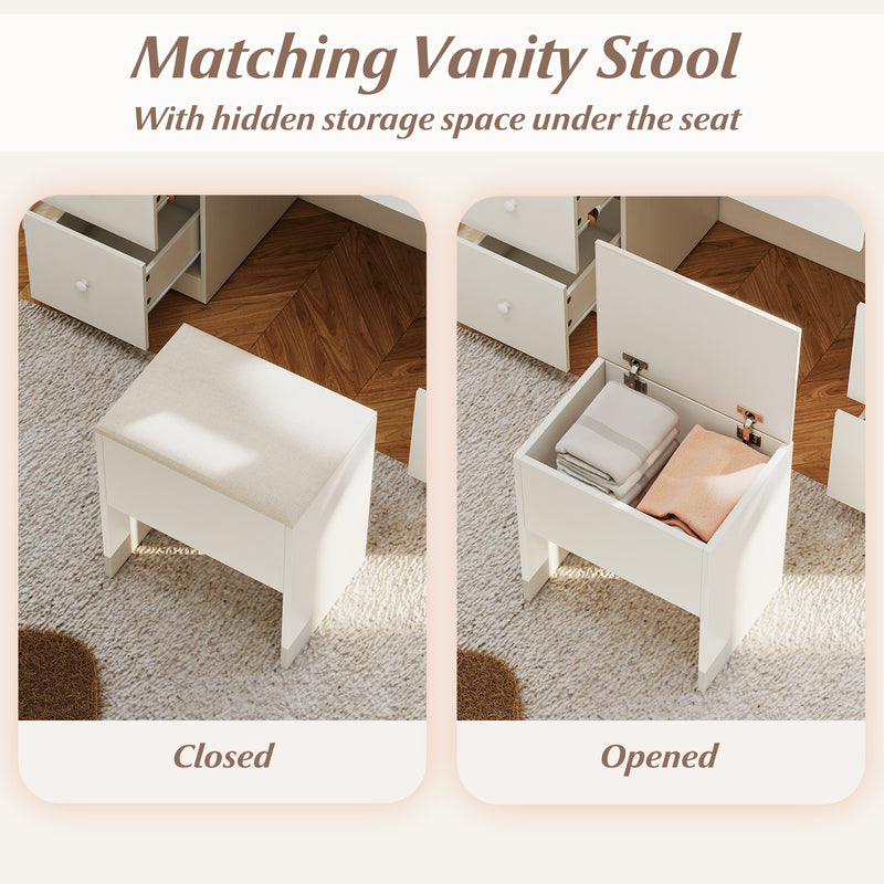 Vanity Desk with Mirror and Lights Makeup Dressing Table Vanity Table and Stool Set-White