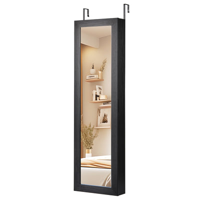 Wall or Door Mounted Jewelry Cabinet with Full-Length Mirror and LED Lights-Black