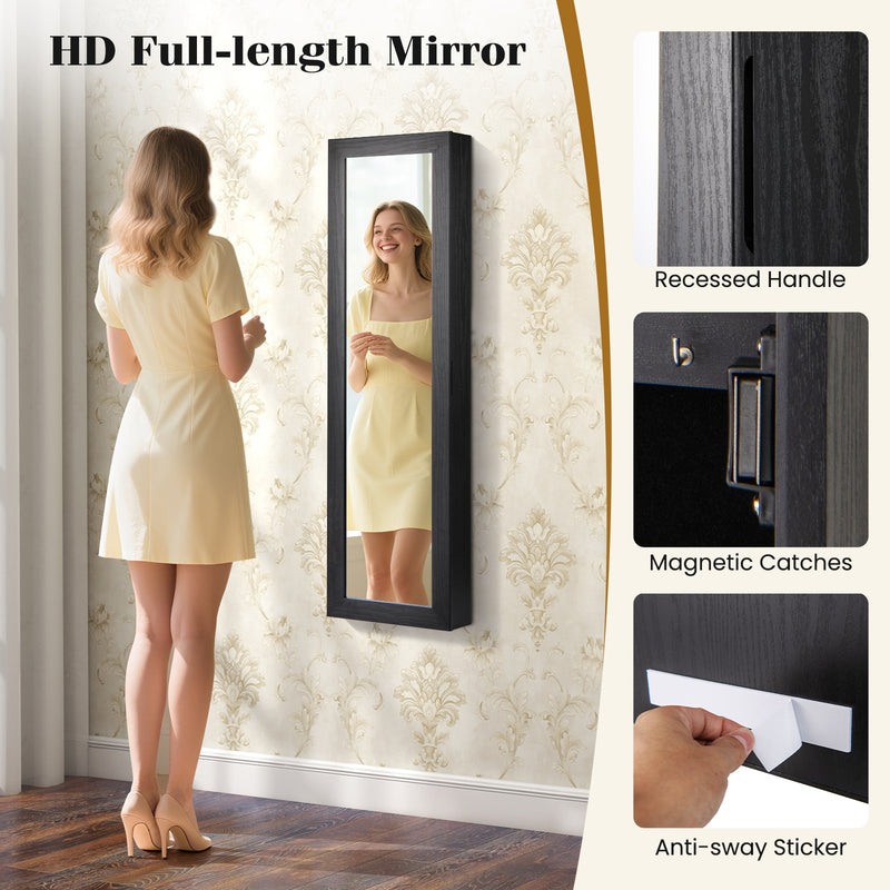 Wall or Door Mounted Jewelry Cabinet with Full-Length Mirror and LED Lights-Black