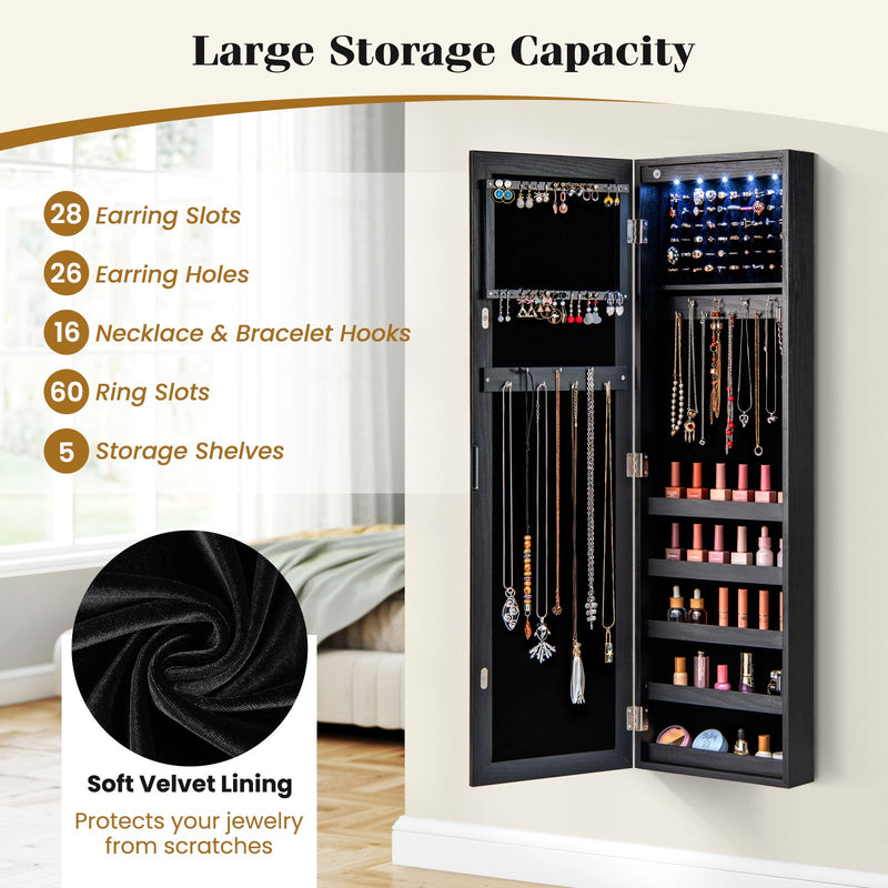 Wall or Door Mounted Jewelry Cabinet with Full-Length Mirror and LED Lights-Black
