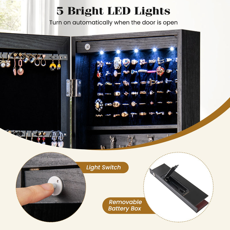 Wall or Door Mounted Jewelry Cabinet with Full-Length Mirror and LED Lights-Black