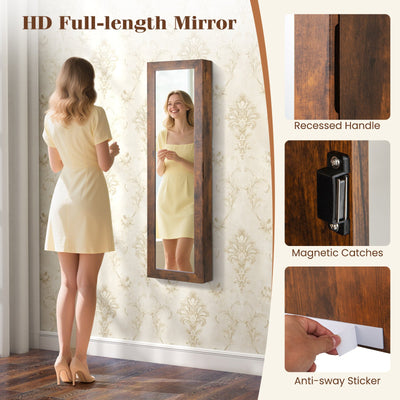 Wall or Door Mounted Jewelry Cabinet with Full-Length Mirror and LED Lights-Rustic Brown