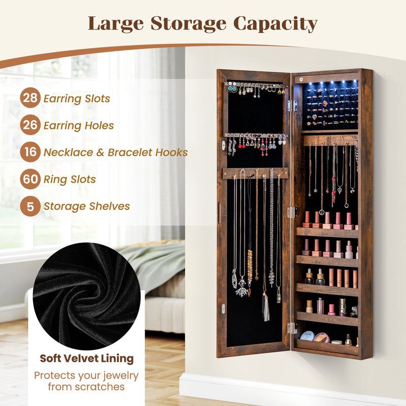 Wall or Door Mounted Jewelry Cabinet with Full-Length Mirror and LED Lights-Rustic Brown