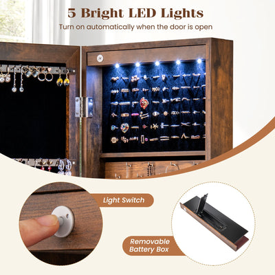 Wall or Door Mounted Jewelry Cabinet with Full-Length Mirror and LED Lights-Rustic Brown