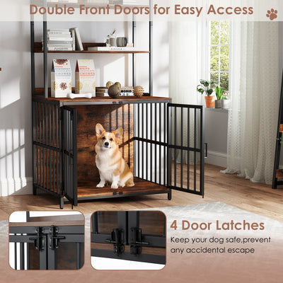 Wooden Dog Crate Furniture with Storage Shelves and Double Doors-Rustic Brown