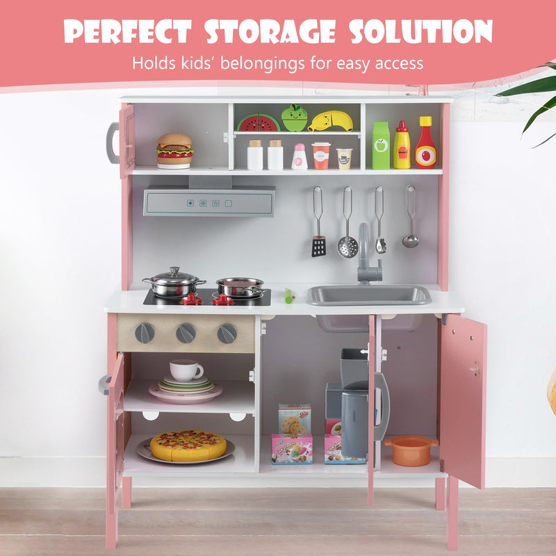 Wooden Pretend Play Kitchen Set for Toddlers-White and Pink