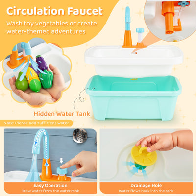 Wooden Toy Kitchen Playset with Removable Circulation Faucet and Cooking Accessories-Blue