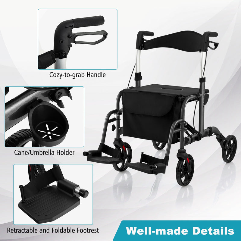 *2 in 1 Rollator Walker Aluminum Walking Aid Assistant with Storage Space - Black