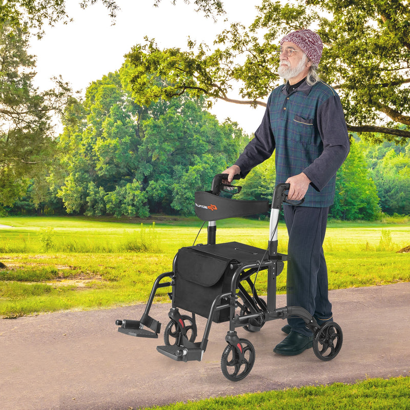 *2 in 1 Rollator Walker Aluminum Walking Aid Assistant with Storage Space - Black