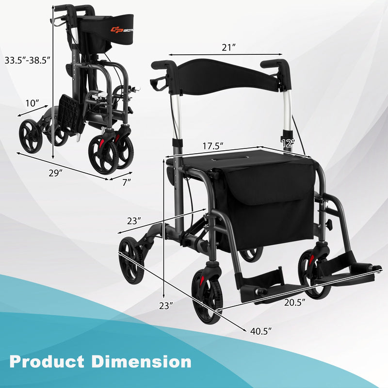 *2 in 1 Rollator Walker Aluminum Walking Aid Assistant with Storage Space - Black