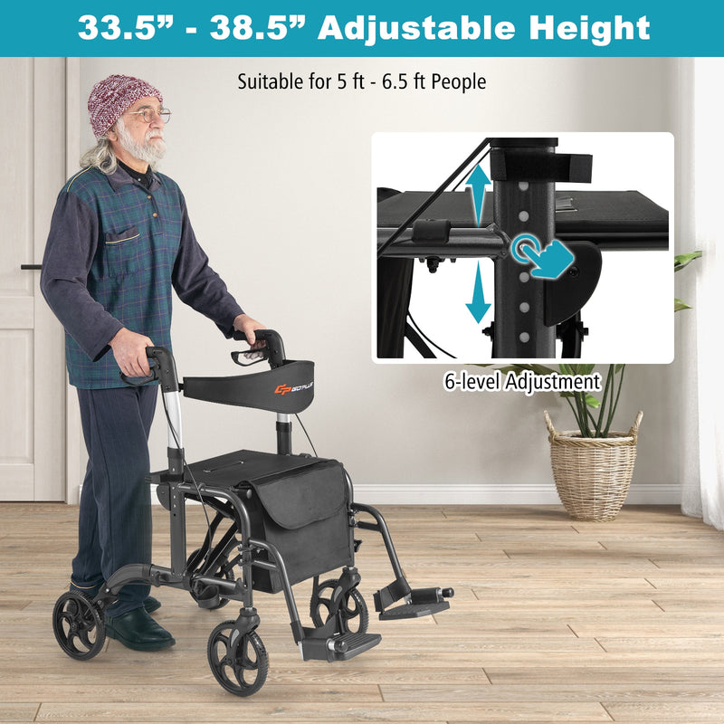 *2 in 1 Rollator Walker Aluminum Walking Aid Assistant with Storage Space - Black