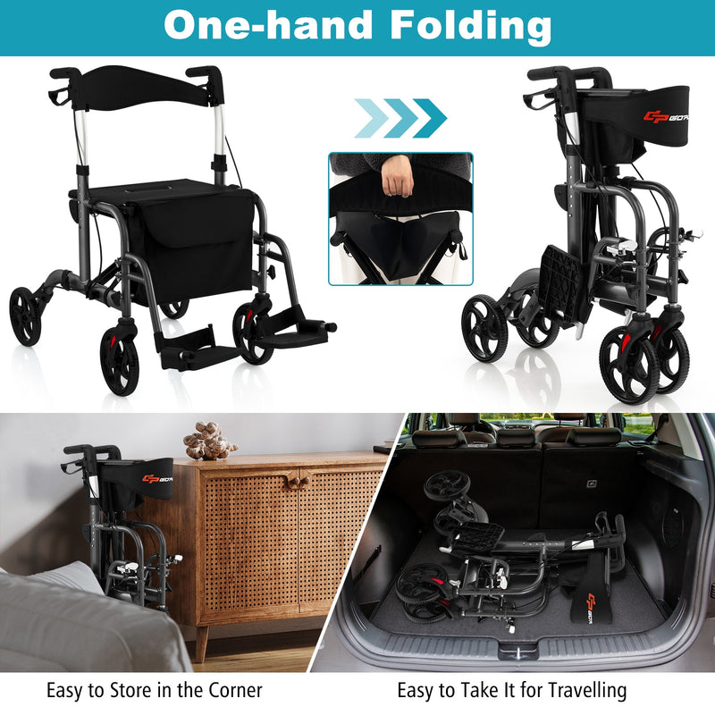 *2 in 1 Rollator Walker Aluminum Walking Aid Assistant with Storage Space - Black