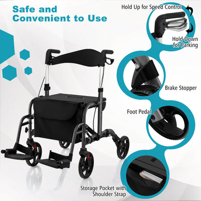 *2 in 1 Rollator Walker Aluminum Walking Aid Assistant with Storage Space - Black