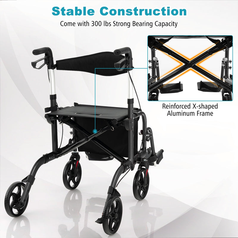 *2 in 1 Rollator Walker Aluminum Walking Aid Assistant with Storage Space - Black