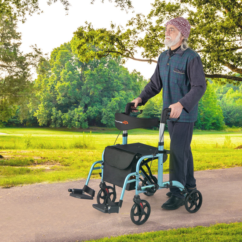 *2 in 1 Rollator Walker Aluminum Walking Aid Assistant with Storage Space - Blue