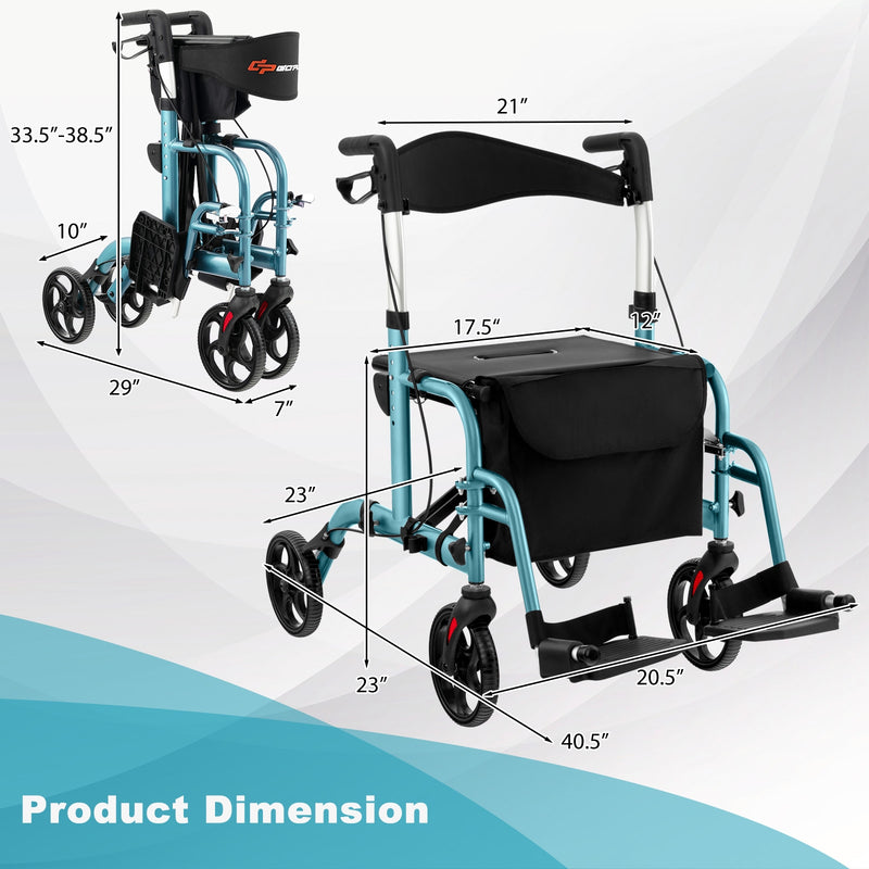 *2 in 1 Rollator Walker Aluminum Walking Aid Assistant with Storage Space - Blue