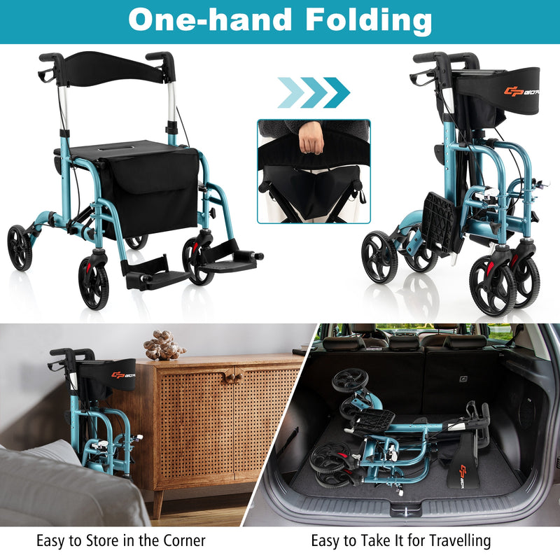 *2 in 1 Rollator Walker Aluminum Walking Aid Assistant with Storage Space - Blue