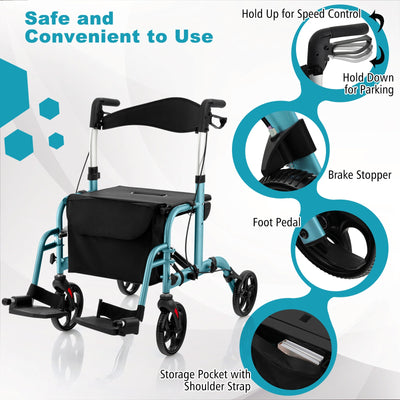 *2 in 1 Rollator Walker Aluminum Walking Aid Assistant with Storage Space - Blue