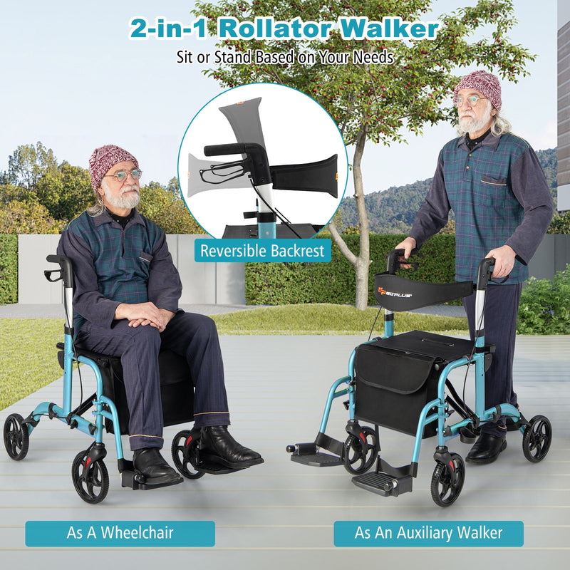 *2 in 1 Rollator Walker Aluminum Walking Aid Assistant with Storage Space - Blue