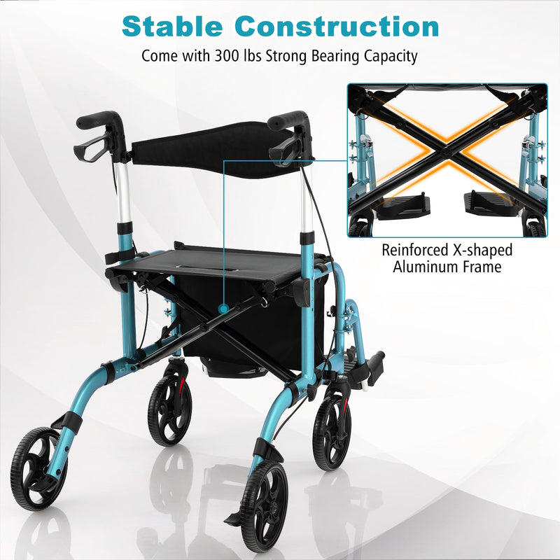 *2 in 1 Rollator Walker Aluminum Walking Aid Assistant with Storage Space - Blue