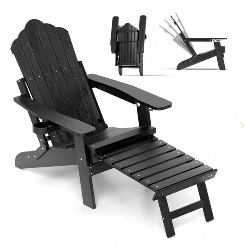 *All-Weather HIPS Patio Adirondack Lounge Chair with Retractable Footrest - Black