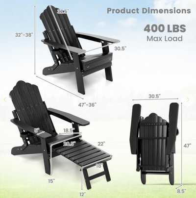 *All-Weather HIPS Patio Adirondack Lounge Chair with Retractable Footrest - Black