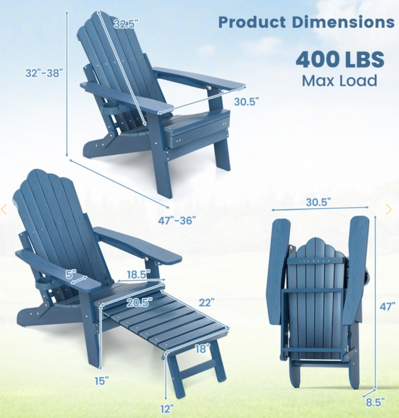 *All-Weather HIPS Patio Adirondack Lounge Chair with Retractable Footrest - Navy