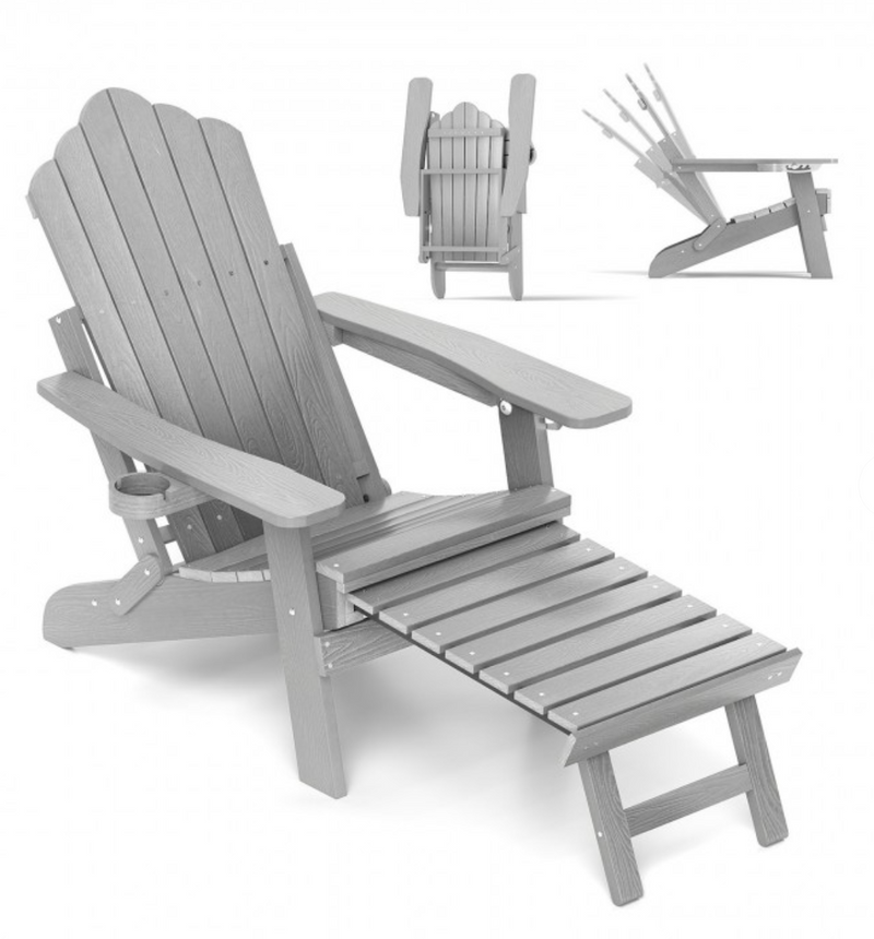 *All-Weather HIPS Patio Adirondack Lounge Chair with Retractable Footrest - Gray