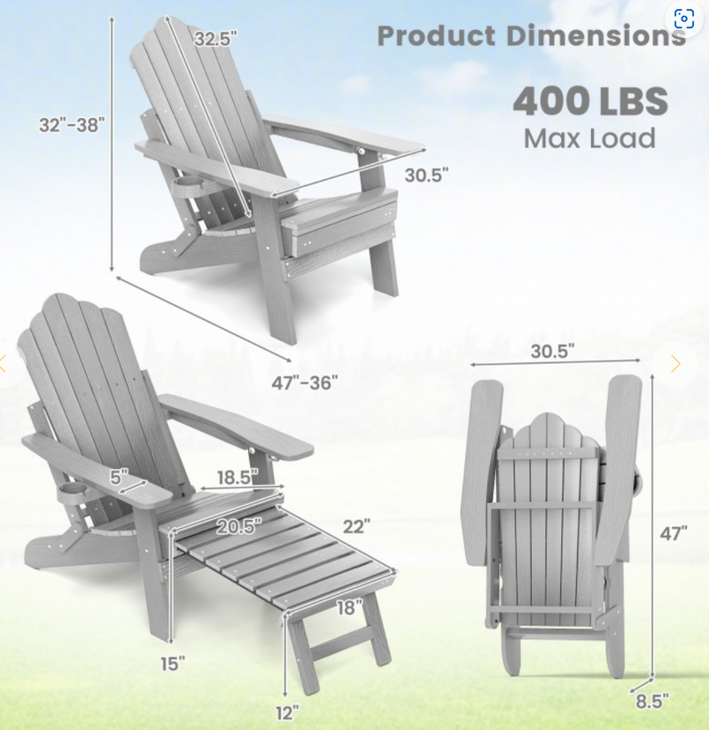 *All-Weather HIPS Patio Adirondack Lounge Chair with Retractable Footrest - Gray