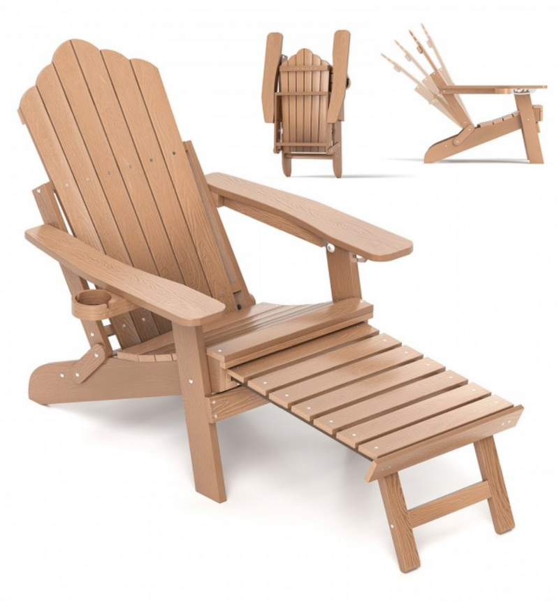 *All-Weather HIPS Patio Adirondack Lounge Chair with Retractable Footrest - Coffee