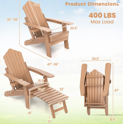 *All-Weather HIPS Patio Adirondack Lounge Chair with Retractable Footrest - Coffee
