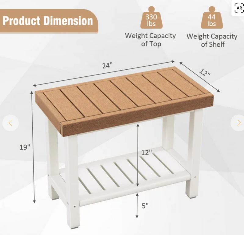 2-Tier Heavy Duty HDPE Shower Chair with Storage Shelf and Anti-slip Foot Pads - Brown