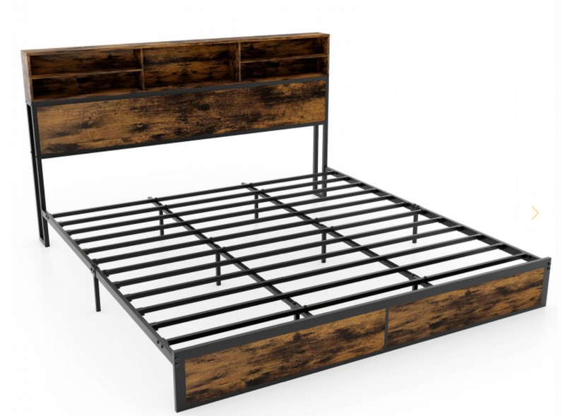 Full/King Size Bed Frame with Storage Headboard Industrial Metal Platform Bed - King