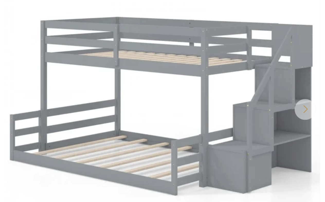Solid Wood Twin Over Full Low Bunk Bed with Storage Stairs - Gray