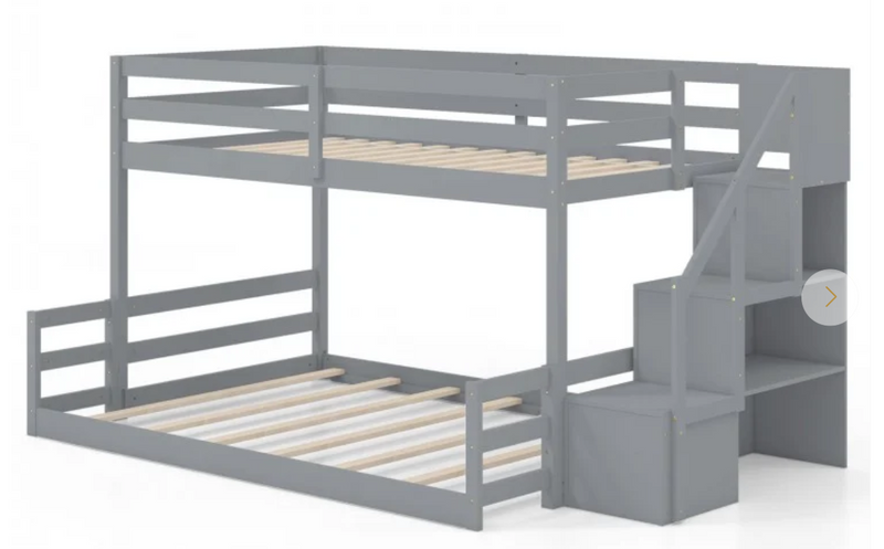 Solid Wood Twin Over Full Low Bunk Bed with Storage Stairs - Gray