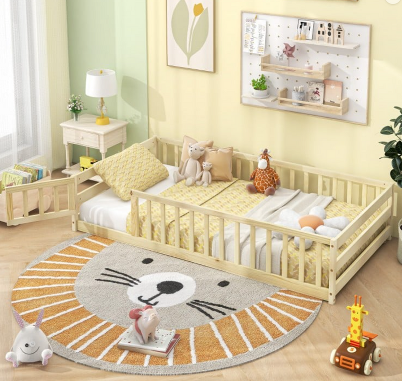 *Twin Size Kids Wood Montessori Floor Bed with Door and Fence - Natural