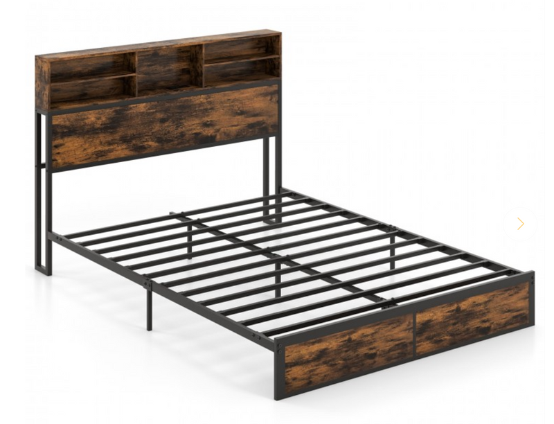 Full/King Size Bed Frame with Storage Headboard Industrial Metal Platform Bed - Queen