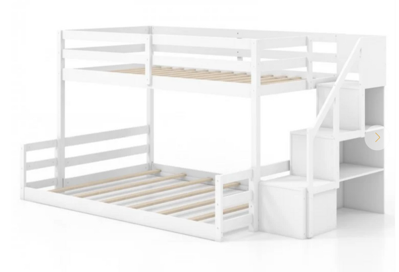 Solid Wood Twin Over Full Low Bunk Bed with Storage Stairs - White