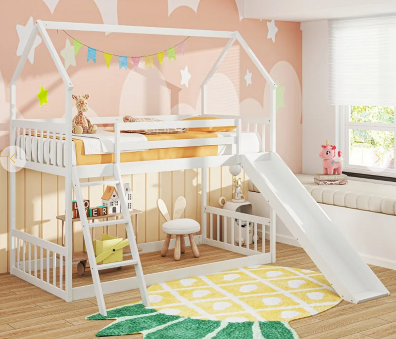 *Twin Over Twin House Bunk Bed with Slide and Ladder