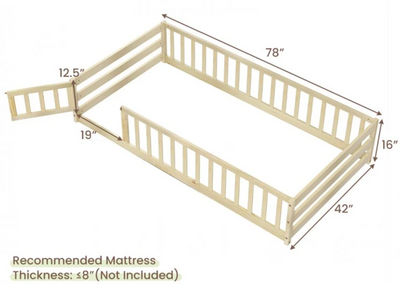 *Twin Size Kids Wood Montessori Floor Bed with Door and Fence - Natural