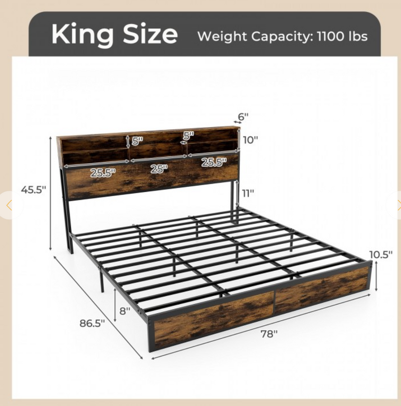 Full/King Size Bed Frame with Storage Headboard Industrial Metal Platform Bed - King