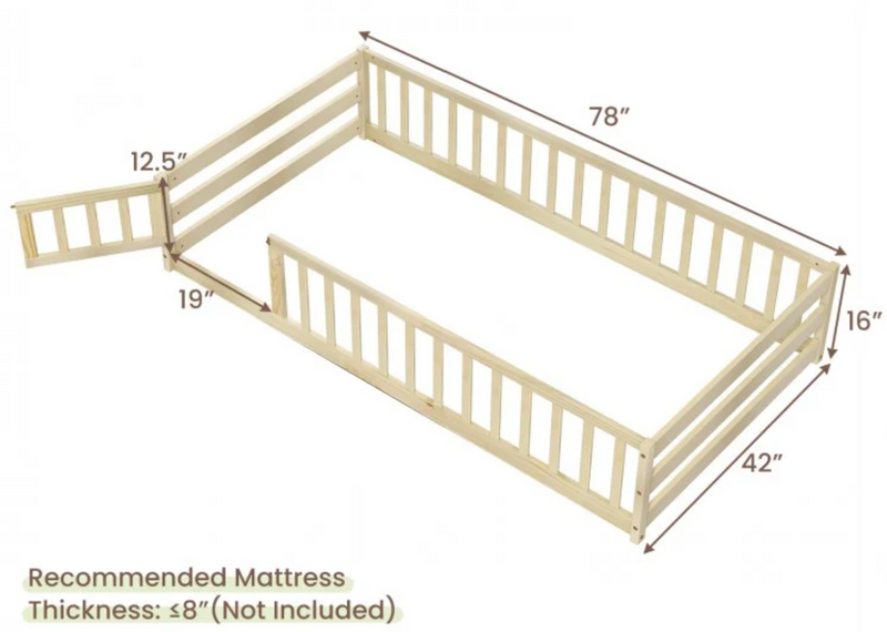 *Twin Size Kids Wood Montessori Floor Bed with Door and Fence - Natural