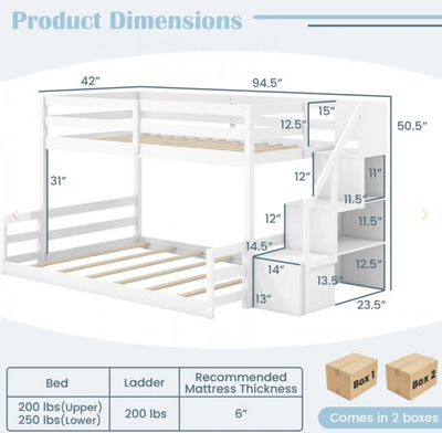 Solid Wood Twin Over Full Low Bunk Bed with Storage Stairs - White
