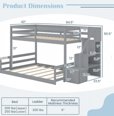 Solid Wood Twin Over Full Low Bunk Bed with Storage Stairs - Gray