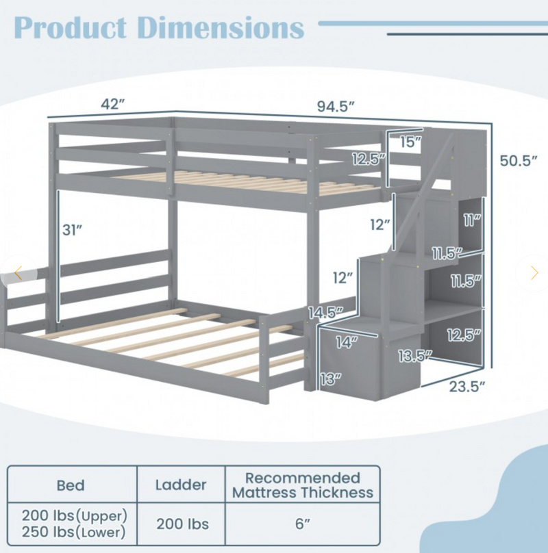 Solid Wood Twin Over Full Low Bunk Bed with Storage Stairs - Gray
