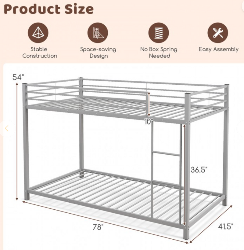 *Low Profile Twin Over Twin Metal Bunk Bed with Full-length Guardrails - Silver