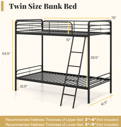 *Heavy Duty Metal Bunk Bed with Ladder and Safety Guardrails