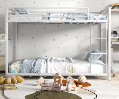 *Low Profile Twin Over Twin Metal Bunk Bed with Full-length Guardrails - White