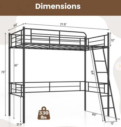 *Twin Size Loft Bed Metal Bed Frame with Ladder and Guardrails - Black