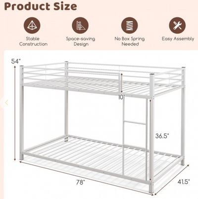 *Low Profile Twin Over Twin Metal Bunk Bed with Full-length Guardrails - White